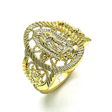 Oro Laminado Elegant Ring, Gold Filled Style Guadalupe and Flower Design, Polished, Golden Finish