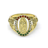 Oro Laminado Multi Stone Ring, Gold Filled Style Guadalupe and Flower Design, with Multicolor Cubic Zirconia, Polished, Golden Finish