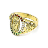 Oro Laminado Multi Stone Ring, Gold Filled Style Guadalupe and Flower Design, with Multicolor Cubic Zirconia, Polished, Golden Finish