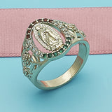 Oro Laminado Multi Stone Ring, Gold Filled Style Guadalupe and Flower Design, with Multicolor Cubic Zirconia, Polished, Golden Finish