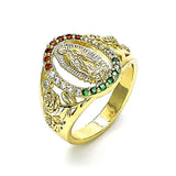 Oro Laminado Multi Stone Ring, Gold Filled Style Guadalupe and Flower Design, with Multicolor Cubic Zirconia, Polished, Golden Finish