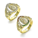 Oro Laminado Multi Stone Ring, Gold Filled Style Guadalupe and Flower Design, with Multicolor Cubic Zirconia, Polished, Golden Finish