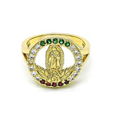 Oro Laminado Multi Stone Ring, Gold Filled Style Guadalupe and Flower Design, with Multicolor Cubic Zirconia, Polished, Golden Finish