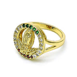 Oro Laminado Multi Stone Ring, Gold Filled Style Guadalupe and Flower Design, with Multicolor Cubic Zirconia, Polished, Golden Finish