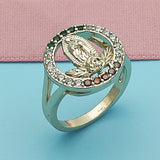 Oro Laminado Multi Stone Ring, Gold Filled Style Guadalupe and Flower Design, with Multicolor Cubic Zirconia, Polished, Golden Finish