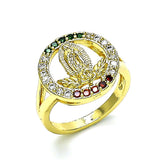 Oro Laminado Multi Stone Ring, Gold Filled Style Guadalupe and Flower Design, with Multicolor Cubic Zirconia, Polished, Golden Finish