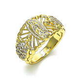 Oro Laminado Multi Stone Ring, Gold Filled Style Guadalupe and Turtle Design, with White Cubic Zirconia, Polished, Golden Finish