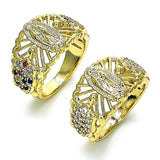 Oro Laminado Multi Stone Ring, Gold Filled Style Guadalupe and Turtle Design, with White Cubic Zirconia, Polished, Golden Finish