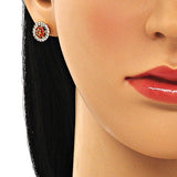 Oro Laminado Stud Earring, Gold Filled Style Flower Design, with Garnet and White Cubic Zirconia, Polished, Golden Finish
