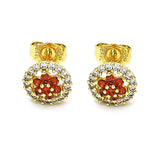 Oro Laminado Stud Earring, Gold Filled Style Flower Design, with Garnet and White Cubic Zirconia, Polished, Golden Finish