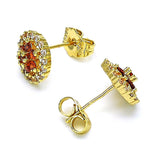 Oro Laminado Stud Earring, Gold Filled Style Flower Design, with Garnet and White Cubic Zirconia, Polished, Golden Finish