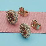 Oro Laminado Stud Earring, Gold Filled Style Flower Design, with Garnet and White Cubic Zirconia, Polished, Golden Finish