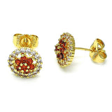 Oro Laminado Stud Earring, Gold Filled Style Flower Design, with Garnet and White Cubic Zirconia, Polished, Golden Finish