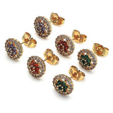 Oro Laminado Stud Earring, Gold Filled Style Flower Design, with Garnet and White Cubic Zirconia, Polished, Golden Finish