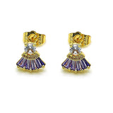 Oro Laminado Stud Earring, Gold Filled Style Baguette Design, with Amethyst and White Cubic Zirconia, Polished, Golden Finish