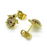 Oro Laminado Stud Earring, Gold Filled Style Turtle Design, with Multicolor Micro Pave, Polished, Golden Finish