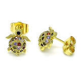 Oro Laminado Stud Earring, Gold Filled Style Turtle Design, with Multicolor Micro Pave, Polished, Golden Finish
