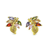 Oro Laminado Stud Earring, Gold Filled Style Leaf Design, with Multicolor Cubic Zirconia, Polished, Golden Finish