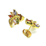 Oro Laminado Stud Earring, Gold Filled Style Leaf Design, with Multicolor Cubic Zirconia, Polished, Golden Finish