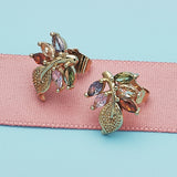 Oro Laminado Stud Earring, Gold Filled Style Leaf Design, with Multicolor Cubic Zirconia, Polished, Golden Finish