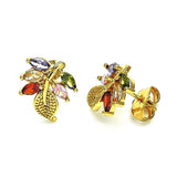 Oro Laminado Stud Earring, Gold Filled Style Leaf Design, with Multicolor Cubic Zirconia, Polished, Golden Finish