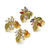 Oro Laminado Stud Earring, Gold Filled Style Leaf Design, with Multicolor Cubic Zirconia, Polished, Golden Finish