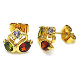Oro Laminado Stud Earring, Gold Filled Style Swan Design, with Multicolor Cubic Zirconia, Polished, Golden Finish