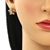 Oro Laminado Stud Earring, Gold Filled Style Flower and Baguette Design, with Multicolor Cubic Zirconia, Polished, Golden Finish