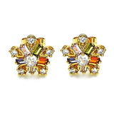 Oro Laminado Stud Earring, Gold Filled Style Flower and Baguette Design, with Multicolor Cubic Zirconia, Polished, Golden Finish