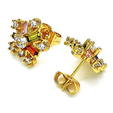 Oro Laminado Stud Earring, Gold Filled Style Flower and Baguette Design, with Multicolor Cubic Zirconia, Polished, Golden Finish