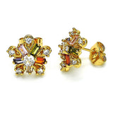 Oro Laminado Stud Earring, Gold Filled Style Flower and Baguette Design, with Multicolor Cubic Zirconia, Polished, Golden Finish