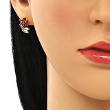 Oro Laminado Stud Earring, Gold Filled Style Flower and Leaf Design, with Garnet and White Cubic Zirconia, Polished, Golden Finish