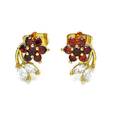 Oro Laminado Stud Earring, Gold Filled Style Flower and Leaf Design, with Garnet and White Cubic Zirconia, Polished, Golden Finish