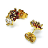 Oro Laminado Stud Earring, Gold Filled Style Flower and Leaf Design, with Garnet and White Cubic Zirconia, Polished, Golden Finish