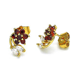 Oro Laminado Stud Earring, Gold Filled Style Flower and Leaf Design, with Garnet and White Cubic Zirconia, Polished, Golden Finish