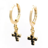 Oro Laminado Huggie Hoop, Gold Filled Style Cross Design, with Black Cubic Zirconia, Polished, Golden Finish