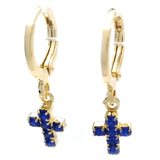 Oro Laminado Huggie Hoop, Gold Filled Style Cross Design, with Blue Topaz Cubic Zirconia, Polished, Golden Finish