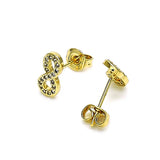 Oro Laminado Stud Earring, Gold Filled Style Infinite Design, with White Micro Pave, Polished, Golden Finish