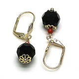 Oro Laminado Dangle Earring, Gold Filled Style Ball Design, with Black and Garnet Crystal, Polished, Golden Finish