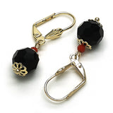 Oro Laminado Dangle Earring, Gold Filled Style Ball Design, with Black and Garnet Crystal, Polished, Golden Finish