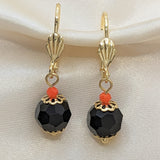 Oro Laminado Dangle Earring, Gold Filled Style Ball Design, with Black and Garnet Crystal, Polished, Golden Finish