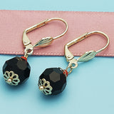 Oro Laminado Dangle Earring, Gold Filled Style Ball Design, with Black and Garnet Crystal, Polished, Golden Finish