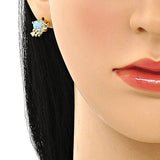 Oro Laminado Stud Earring, Gold Filled Style Heart and Love Design, with Aqua Blue Cubic Zirconia, Polished, Golden Finish