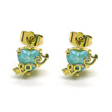 Oro Laminado Stud Earring, Gold Filled Style Heart and Love Design, with Aqua Blue Cubic Zirconia, Polished, Golden Finish