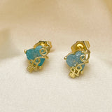 Oro Laminado Stud Earring, Gold Filled Style Heart and Love Design, with Aqua Blue Cubic Zirconia, Polished, Golden Finish