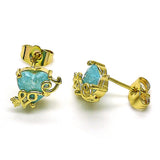 Oro Laminado Stud Earring, Gold Filled Style Heart and Love Design, with Aqua Blue Cubic Zirconia, Polished, Golden Finish