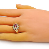 Oro Laminado Multi Stone Ring, Gold Filled Style Flower and Butterfly Design, with Garnet Cubic Zirconia and White Micro Pave, Polished, Golden Finish
