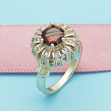Oro Laminado Multi Stone Ring, Gold Filled Style Flower and Butterfly Design, with Garnet Cubic Zirconia and White Micro Pave, Polished, Golden Finish