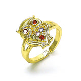 Oro Laminado Multi Stone Ring, Gold Filled Style Owl Design, with Multicolor Micro Pave and Garnet Cubic Zirconia, Polished, Golden Finish