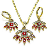 Oro Laminado Earring and Pendant Adult Set, Gold Filled Style Evil Eye Design, with White Micro Pave, Red Enamel Finish, Golden Finish